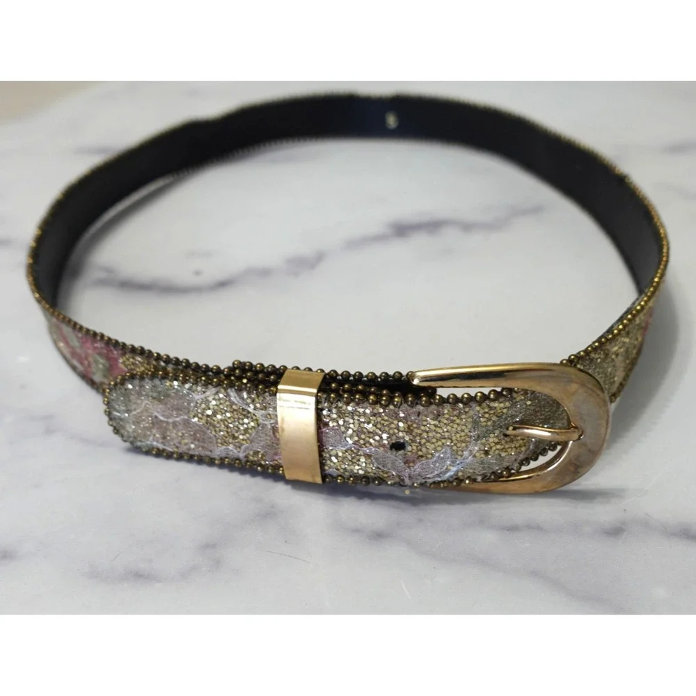 Vintage 80s Belt Gold‎ Sparkly Floral Retro Fairy Skinny Boho Glam Festival